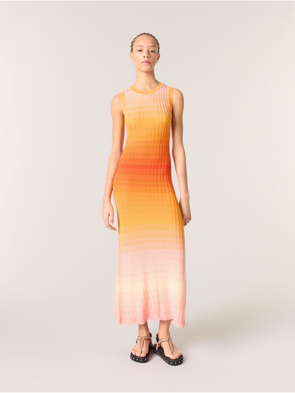 Maje Tie Dye Knit Maxi Dress Fitted Body Sleeveless Ombre in Orange